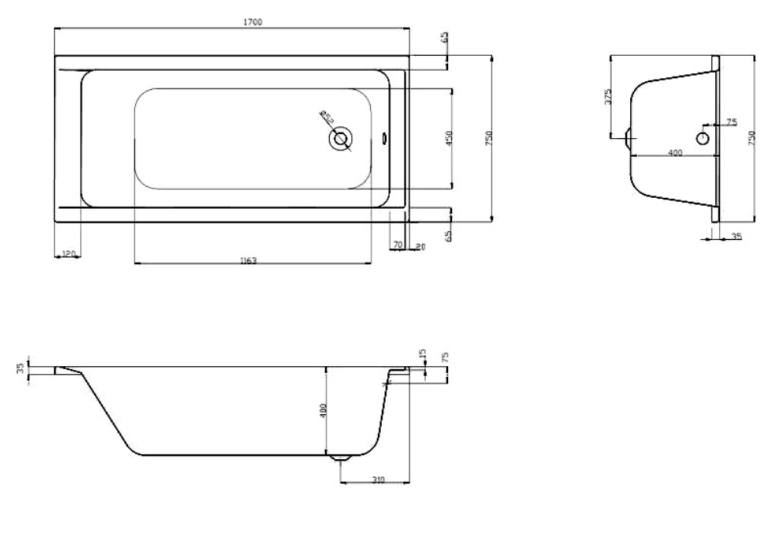 Чеська ванна прямокутна акрилова HES ONE 170x75 CZ з ніжками HON17075W
