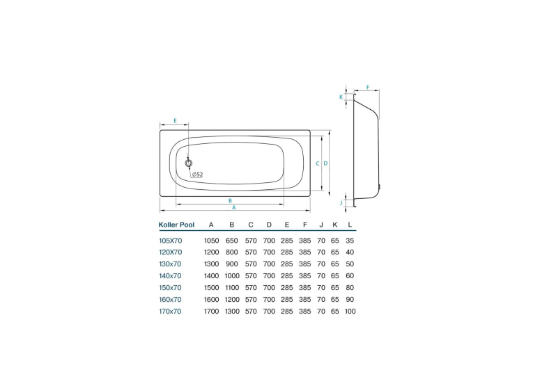 Ванна сталева прямокутна KOLLER POOL 130х70E (B30E1200E)