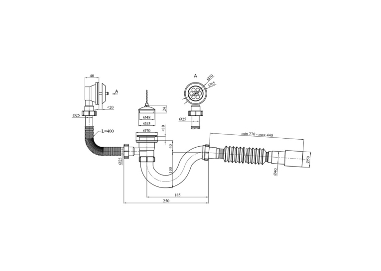 Сифон для ванни Kroner KRP - BS02 1 1/2"х40/50 з переливом, прямоточний