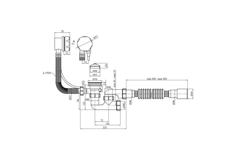 Сифон для ванної Kroner KRP - BS05P 1 1/2"х40/50 з системою Сlick - Сlack, з переливом та ревізією