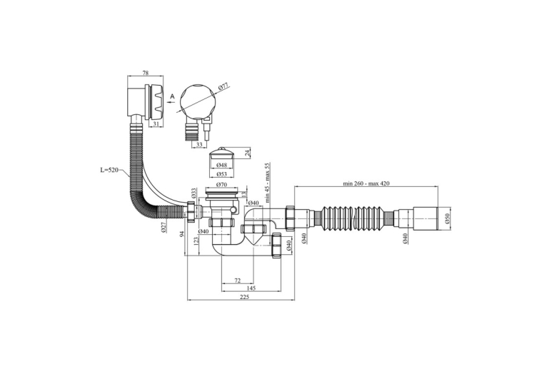 Сифон для ванної Kroner KRP - BS05P 1 1/2"х40/50 з системою Сlick - Сlack, з переливом та ревізією