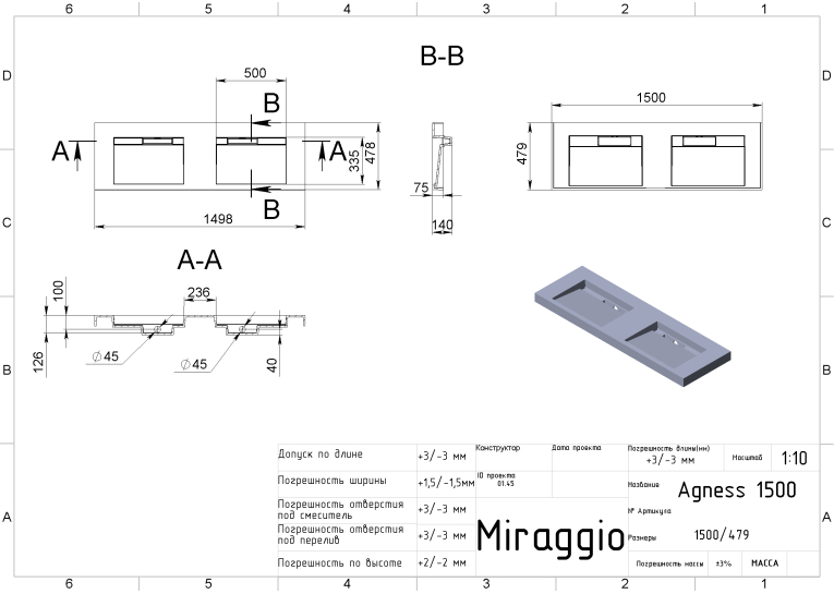 Умивальник Miraggio Agness 1500 Глянець