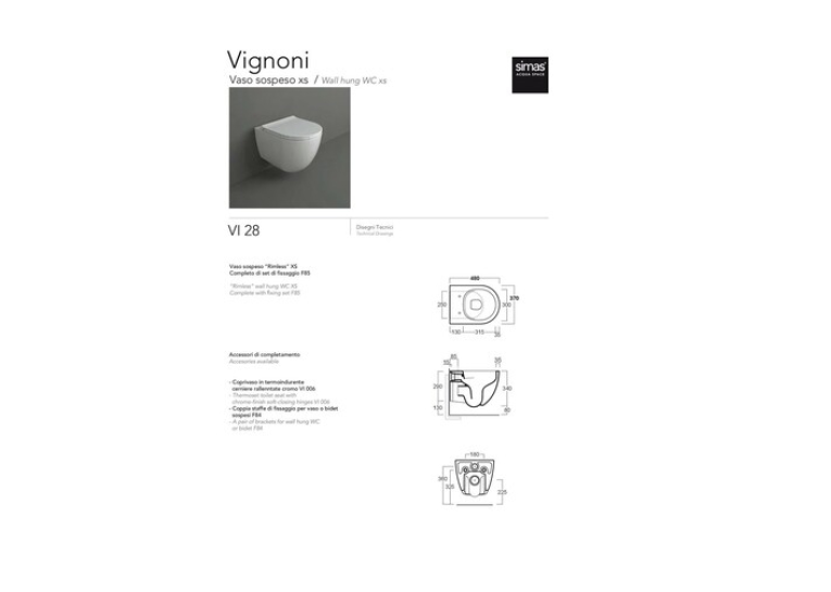 Унітаз підвісний SIMAS Vignoni XS Rimless з кришкою soft-close VI28/F85/VI006XS Glossy White