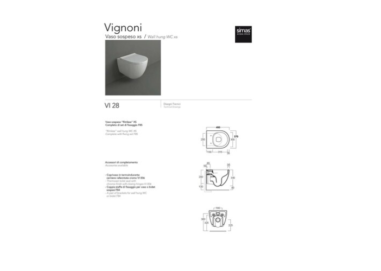 Унітаз підвісний SIMAS Vignoni XS Rimless з кришкою soft-close VI28/F85/VI006XS Glossy White
