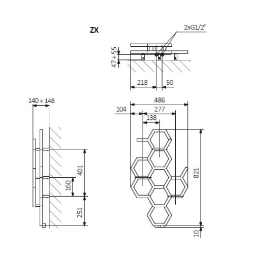 Рушникосушка Terma HEX 821х486 Ral diamond silver ZX WGH2X082048KDISZX
