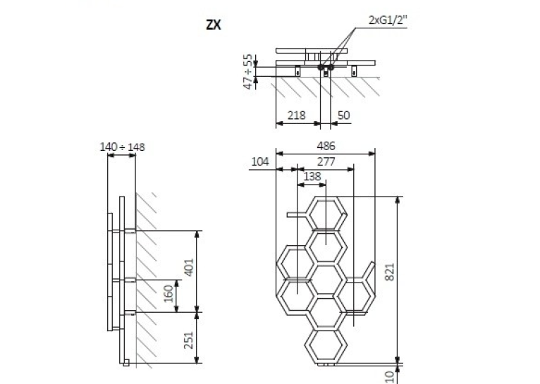 Рушникосушка Terma HEX 821х486 Ral diamond silver ZX WGH2X082048KDISZX