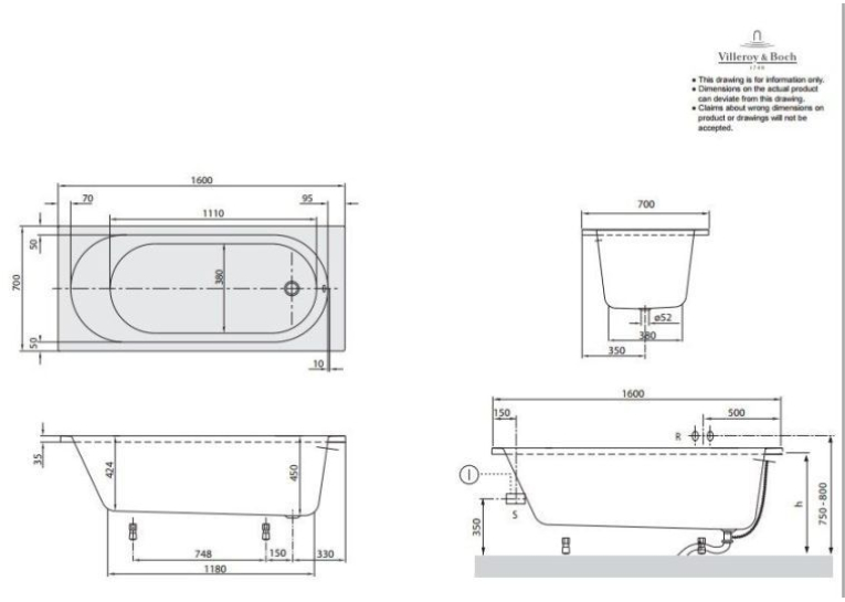 Ванна VILLEROY&BOCH O.NOVO 160*70 см BA160CAS2V-01