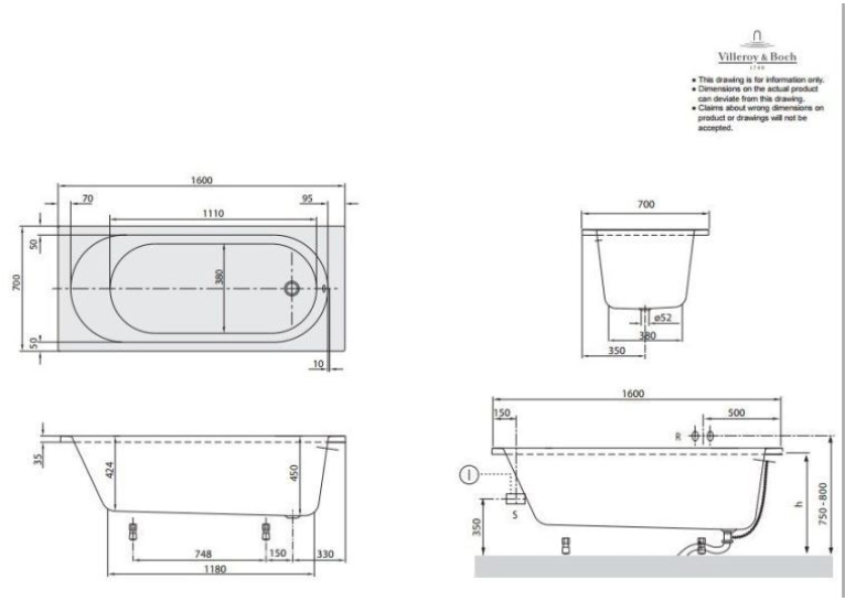 Ванна VILLEROY&BOCH O.NOVO 160*70 см BA160CAS2V-01