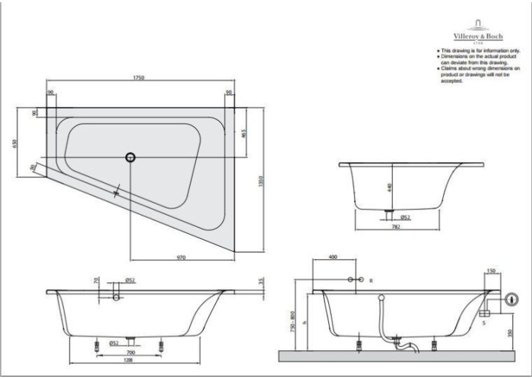 Ванна акрилова асиметрична VILLEROY&BOCH LOOP & FRIENDS 175*135см права UBA175LFS9R V-01 (Пошкодження на торцевій частині)