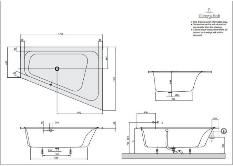 Ванна акрилова асиметрична VILLEROY&BOCH LOOP & FRIENDS 175*135см права UBA175LFS9R V-01 (Пошкодження на торцевій частині)
