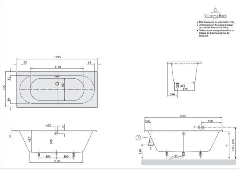 Ванна VILLEROY&BOCH O.NOVO  180*80 см, UBA180CAS2V-01