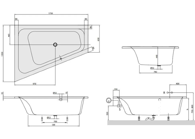 Ванна акрилова асиметрична VILLEROY&BOCH LOOP & FRIENDS 175*135см ліва UBA175LFS9L V-01 (Пошкодження на торцевій частині)
