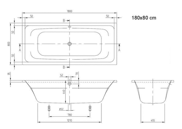 Ванна акрилова прямокутна VILLEROY&BOCH TARGA STYLE 180х80 см UBA180FRA2V-01