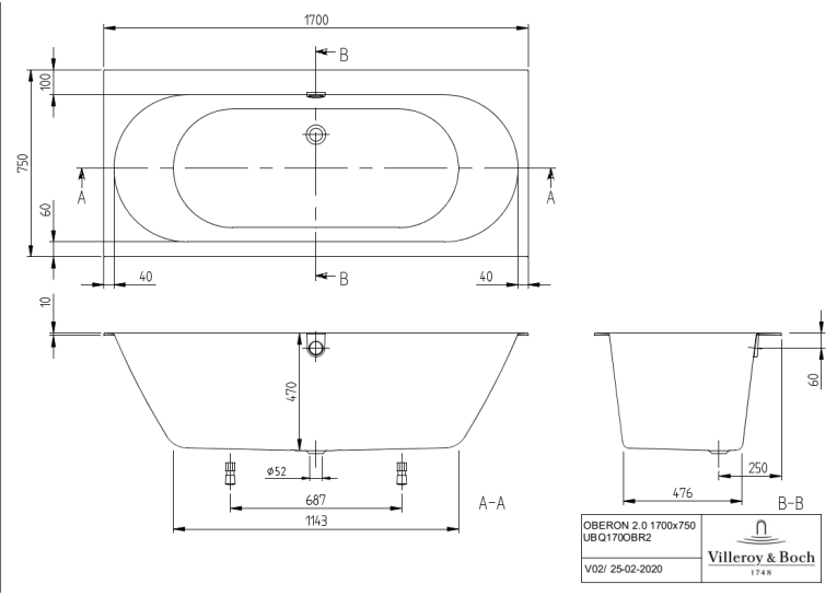 Ванна кварилова VILLEROY & BOCH Oberon 2.0 170x75см White Alpin UBQ170OBR2DV-01+ ніжки