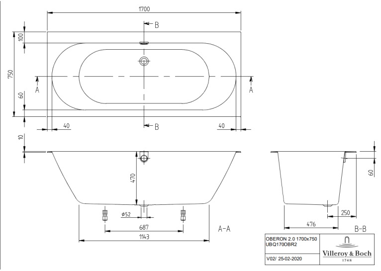 Ванна кварилова VILLEROY & BOCH Oberon 2.0 170x75см White Alpin UBQ170OBR2DV-01+ ніжки