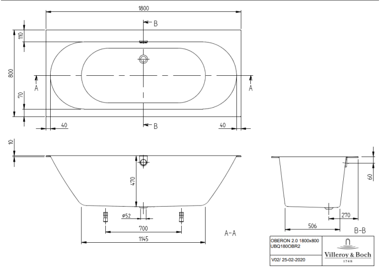 Ванна прямоугольная VILLEROY & BOCH Oberon 2.0 180x80см UBQ180OBR2DV-01 с ножками