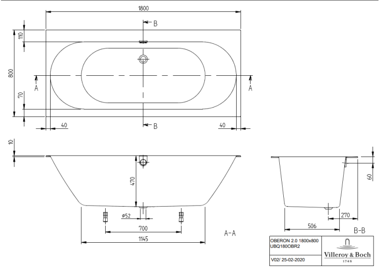 Ванна кварилова VILLEROY & BOCH Oberon 2.0 180x80см UBQ180OBR2DV-01+ ніжки