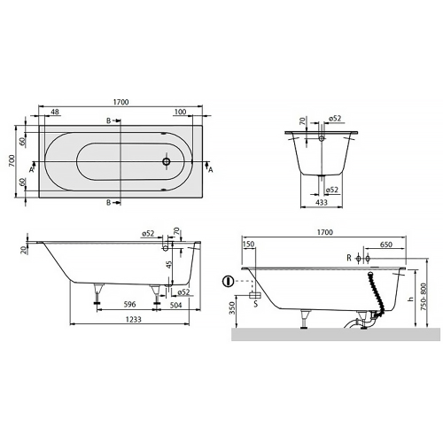 Ванна кварилова прямокутна VILLEROY & BOCH Oberon 170х70 + ніжки uBQ177OBE2V-01