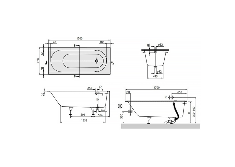 Ванная квариловая прямоугольная VILLEROY & BOCH Oberon 170х70 + ножки uBQ177OBE2V-01