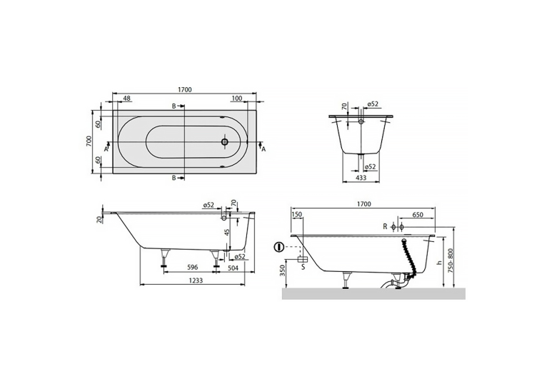Ванная квариловая прямоугольная VILLEROY & BOCH Oberon 170х70 + ножки uBQ177OBE2V-01