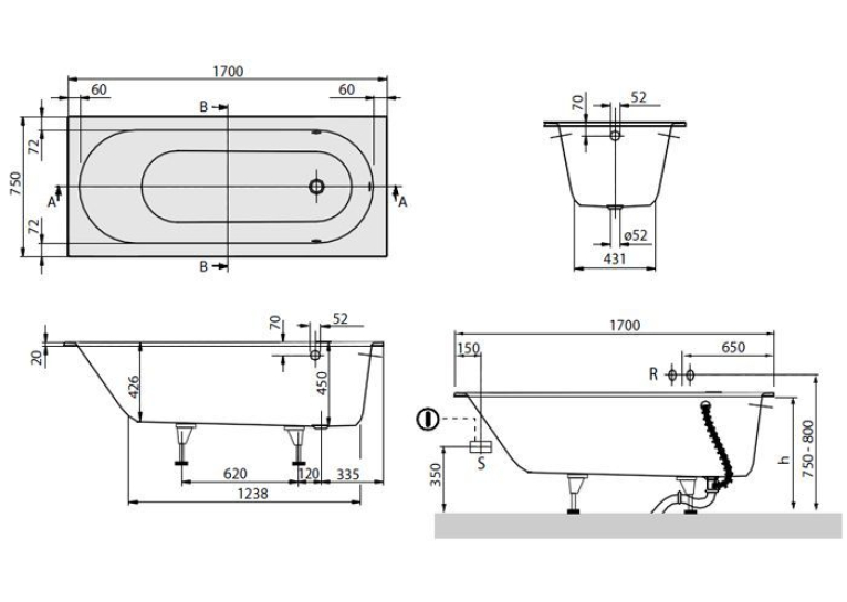 Ванна кварилова прямокутна VILLEROY & BOCH Oberon 170х75 + ніжки U99740000 (UBQ170OBE2V-01)