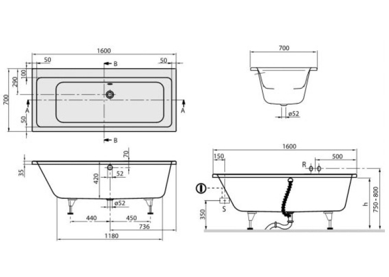 Ванна VILLEROY&BOCH SUBWAY 160*70см UBA167SUB2V-01