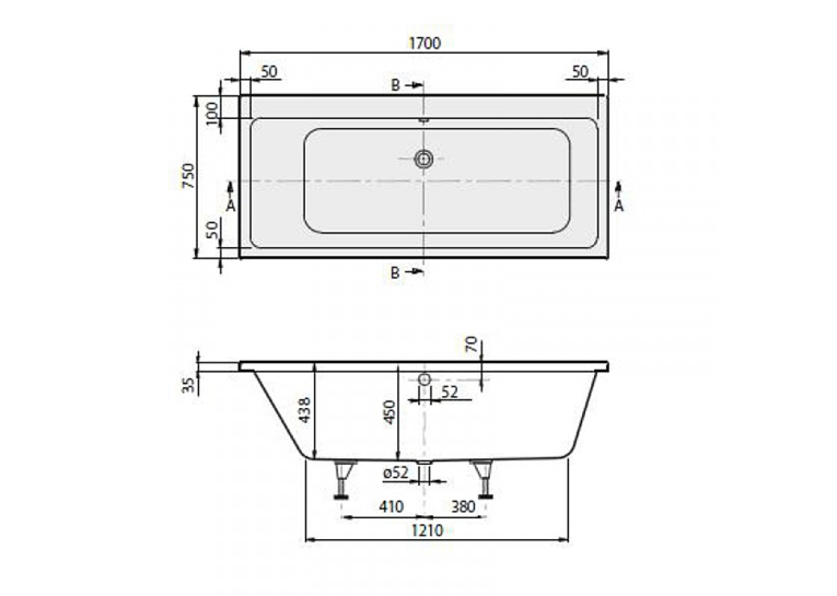 Ванна VILLEROY&BOCH SUBWAY Duo 170*75см, без ніжок UBA170SUB2V-01