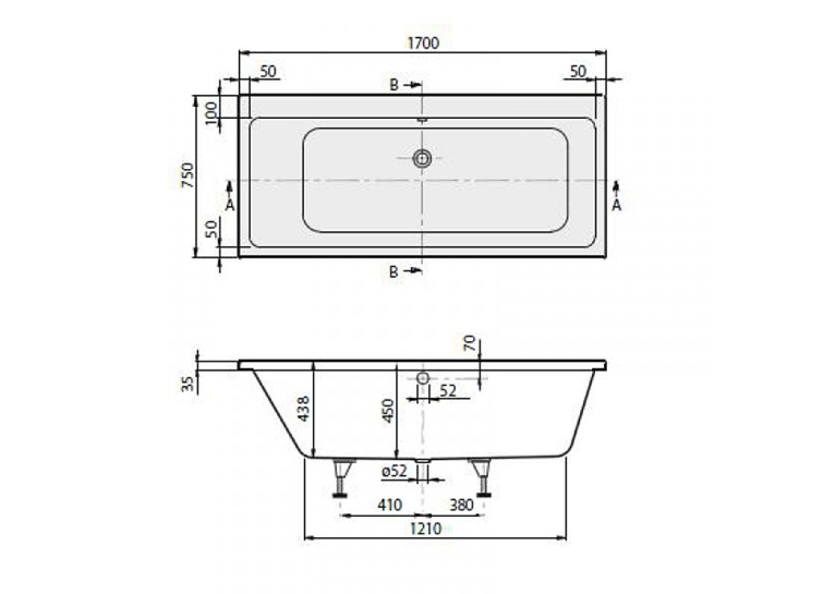 Ванна VILLEROY&BOCH SUBWAY Duo 170*75см, без ніжок UBA170SUB2V-01