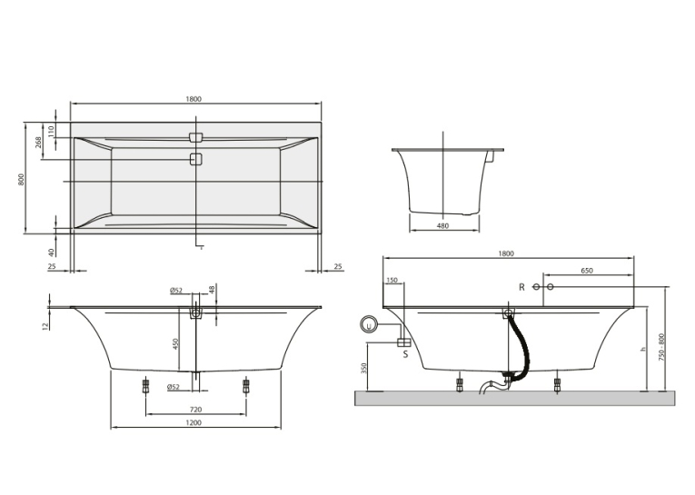 Ванна кварилова прямокутна VILLEROY&BOCH SQUARO EDGE 12 180*80см з ножками та зливом-переливом UBQ180SQE2DV-01 (Знижена в ціні позиція)