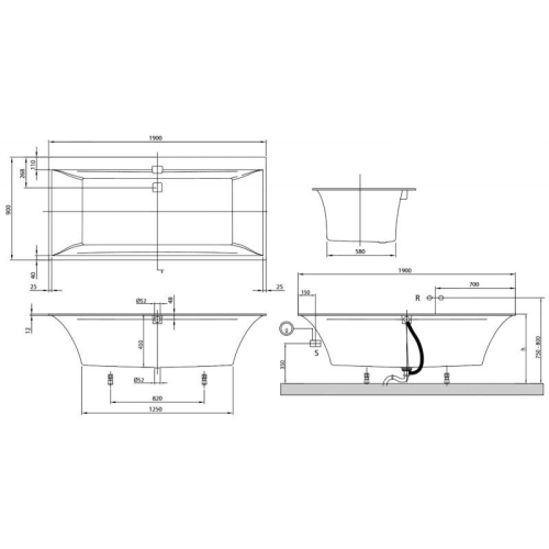 Ванна VILLEROY&BOCH SQUARO EDGE 12 190x90см (ніжки+комплект злив/перелив) UBQ190SQE2DV-01
