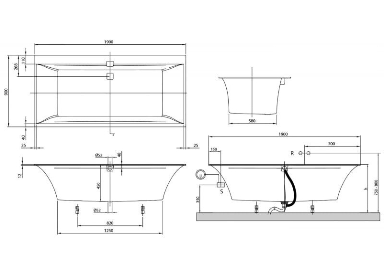 Ванна VILLEROY&BOCH SQUARO EDGE 12 190x90см (ніжки+комплект злив/перелив) UBQ190SQE2DV-01