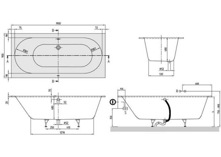 Ванна кварила VILLEROY & BOCH Oberon 190*90см UBQ190OBE2V+ ніжки U99740000