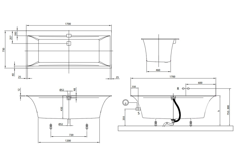 Ванна кварилова прямокутна VILLEROY&BOCH SQUARO EDGE 12 170*75 см UBQ170SQE2DV-01