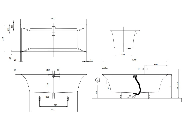 Ванна кварилова прямокутна VILLEROY&BOCH SQUARO EDGE 12 170*75 см UBQ170SQE2DV-01