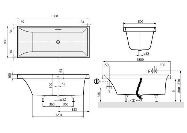 Ванна кварилова прямокутна VILLEROY&BOCH SQUARO 180*80см, в комплекті з ніжками, UBQ180SQR2V-01