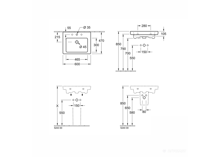 Умивальник підвісний Villeroy&Boch Subway 2.0, 60х47 см білий (71136001) (Невелика подряпина)