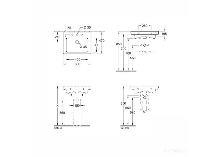 Умивальник підвісний Villeroy&Boch Subway 2.0, 60х47 см білий (71136001) (Невелика подряпина)