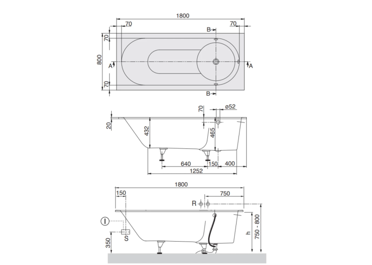 Ванна прямокутна VILLEROY & BOCH Libra 180x80см uBQ180LIB2V-01 + ніжки U99740000