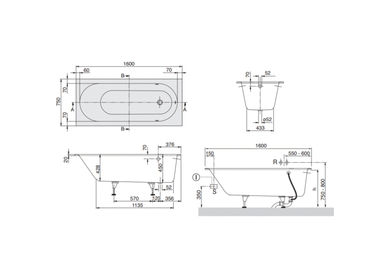 Ванна прямоугольная VILLEROY & BOCH Oberon (UBQ160OBE2V-01) 160х75 с ножками