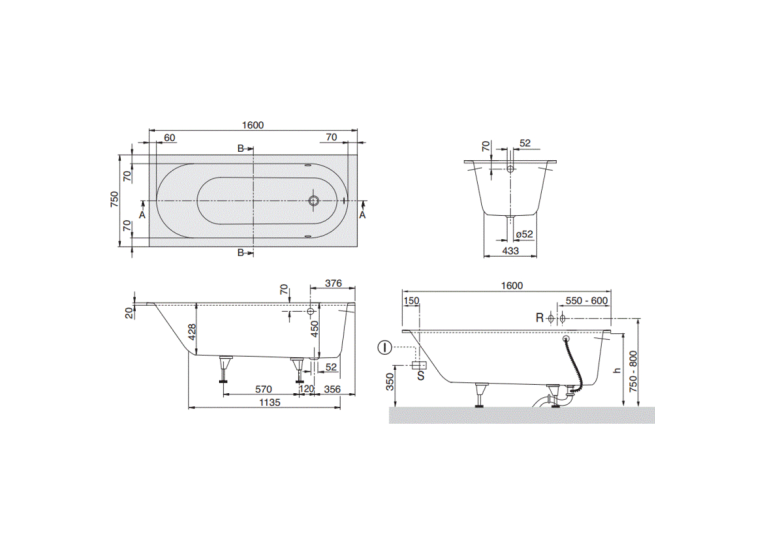 Ванна кварила VILLEROY & BOCH Oberon (UBQ160OBE2V-01) 160х75 + ніжки U99740000