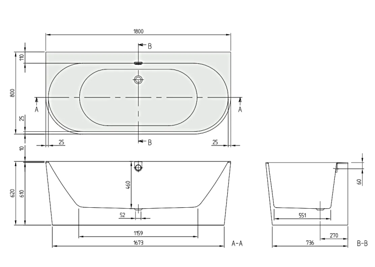 Ванна пристінна кварилова VILLEROY & BOCH Oberon 2.0 180x80см UBQ180OBR9CD00V-01