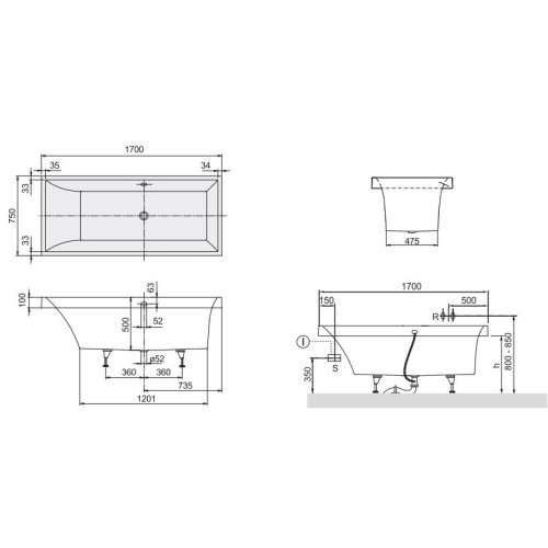 Ванна кварилова прямокутна VILLEROY&BOCH SQUARO 170*75см, в комплекті з ніжками, UBQ170SQR2V-01