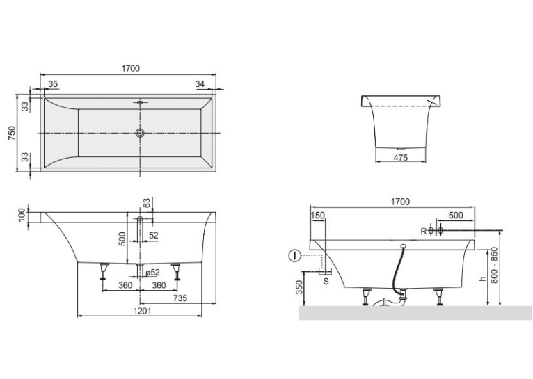 Ванна кварилова прямокутна VILLEROY&BOCH SQUARO 170*75см, в комплекті з ніжками, UBQ170SQR2V-01