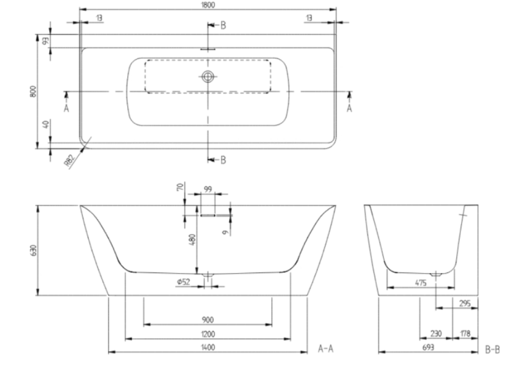 Ванна пристінна кварилова VILLEROY & BOCH SUBWAY 3.0 180x80см UBQ180SBW9CS00V-01
