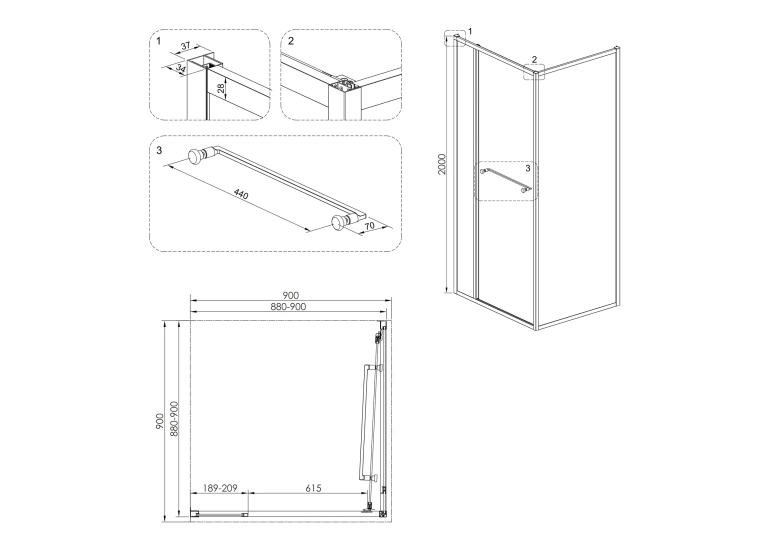 Душова кабіна Volle CRUZE,  90x90x200, без піддону, скло прозоре, 1047.124704