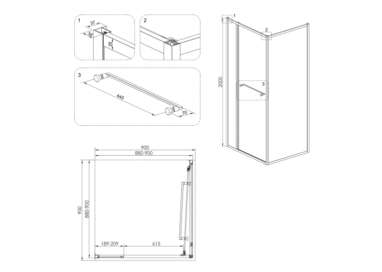 Душова кабіна Volle CRUZE,  90x90x200, без піддону, скло прозоре, 1047.124704