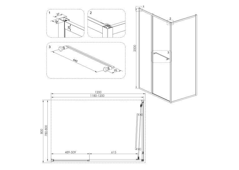 Душова кабіна Volle CRUZE,  120x80x190, без піддону, скло прозоре, 1047.134704