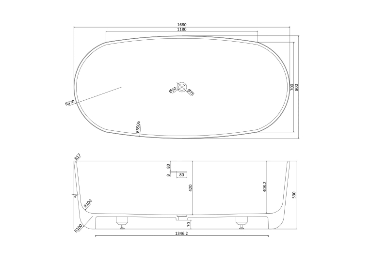  Ванна VOLLE окрема кам'яна Solid surface 1680*800*530 мм, 12-40-036