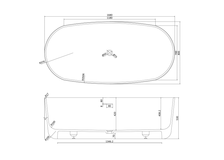 Ванна VOLLE отдельностоящая каменная Solid surface 1680*800*530 мм, 12-40-036
