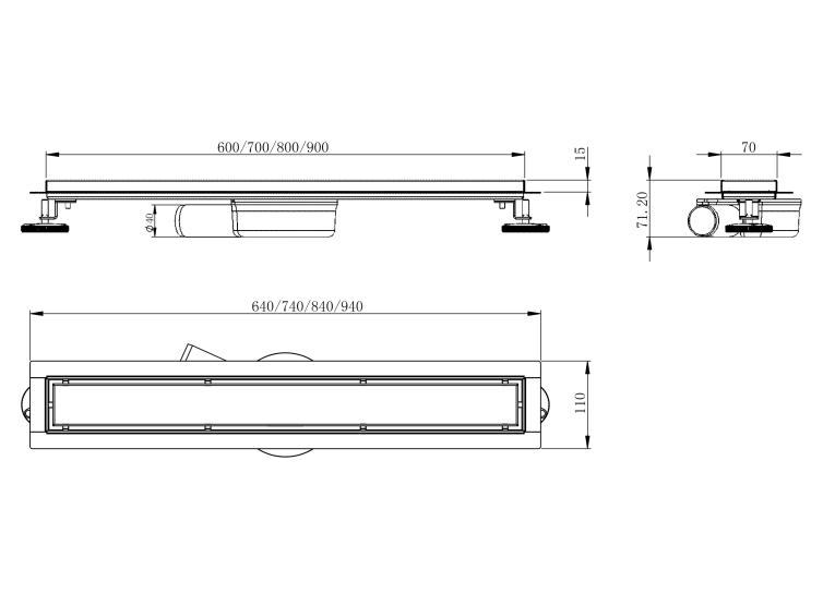Лінійний трап Volle MASTER LINEA Onda 600мм, комбінований затвор, поворотний сифон, патрубок Ø40/50, з перфорованою решіткою, de la noche 9046.210104